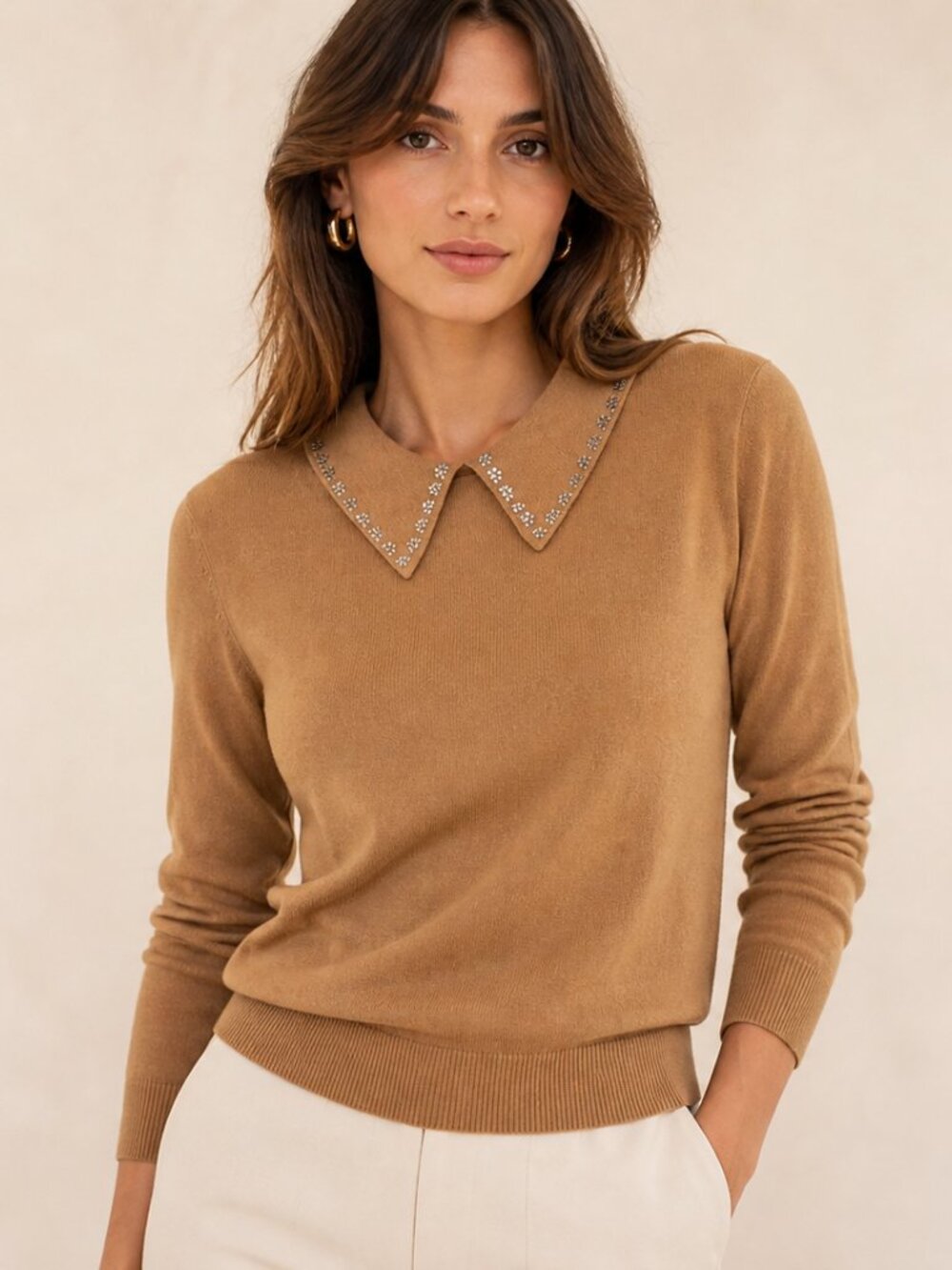 LIV Milano Rhinestone Collar Sweater Camel Brown Size L